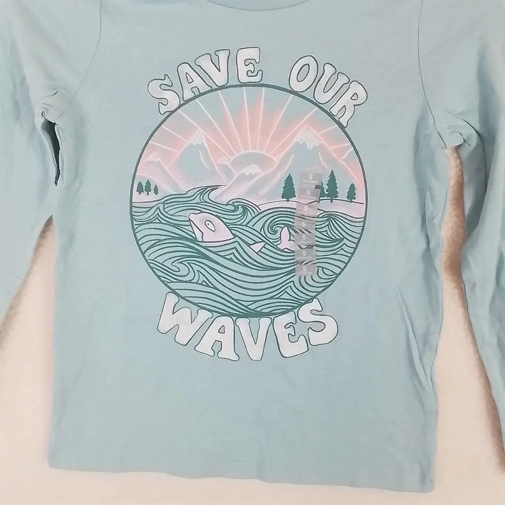 OshKosh Long Sleeve Cotton‎ T-Shirt Girl's Size 5 in Green w/ Ocean Graphic